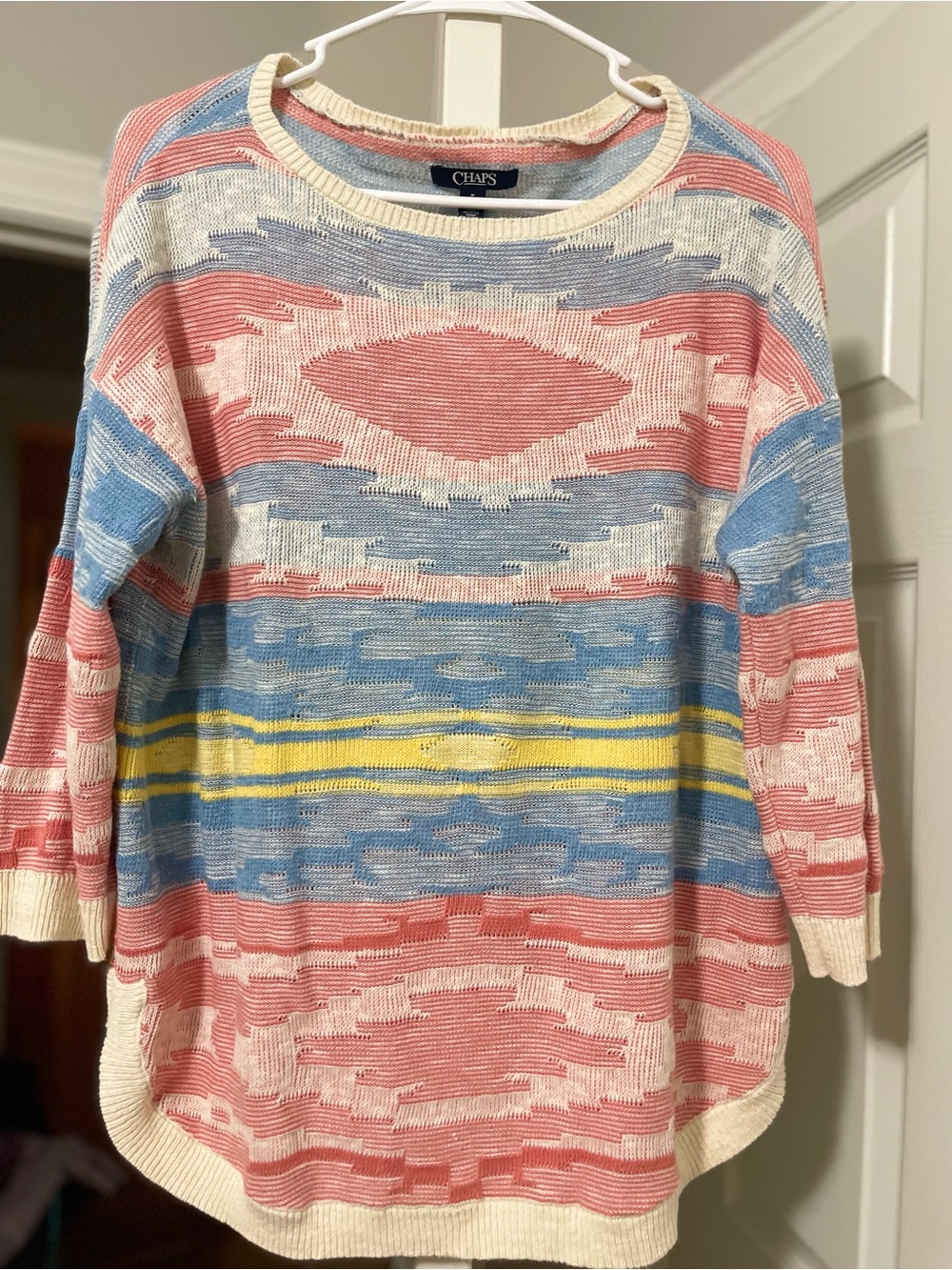 Chaps Crewneck Sweater in Pink, Blue, Yellow & Cream